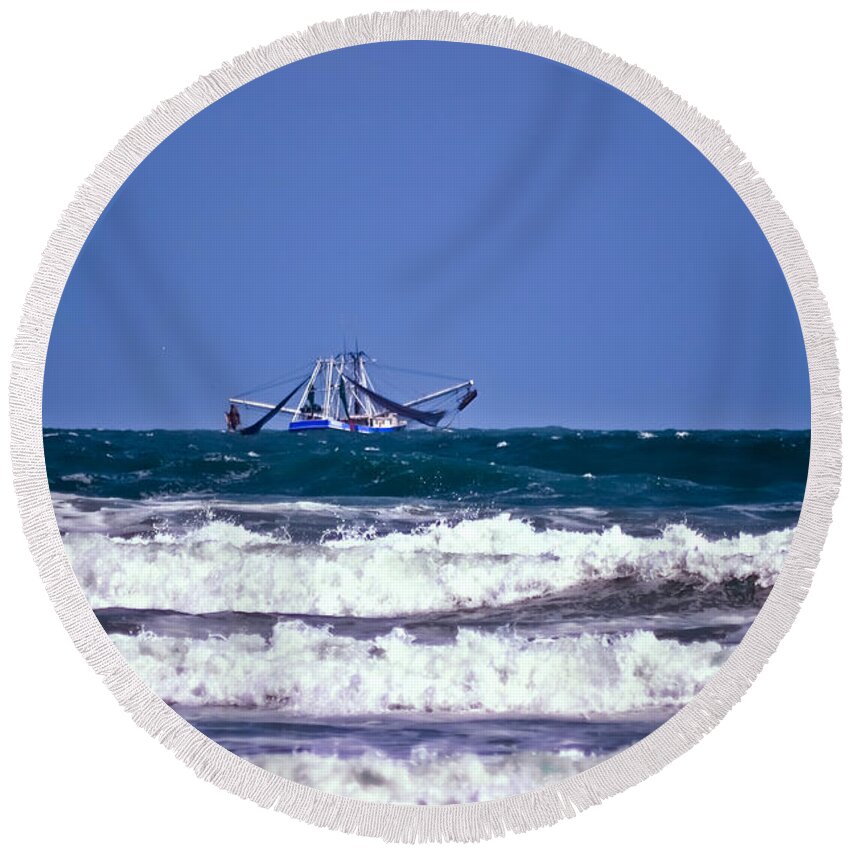 Boat Round Beach Towel featuring the photograph Rough Seas Shrimping by DigiArt Diaries by Vicky B Fuller