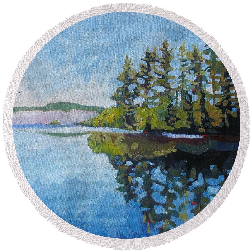 Round Lake Round Beach Towel featuring the painting Round Lake Mirror by Phil Chadwick