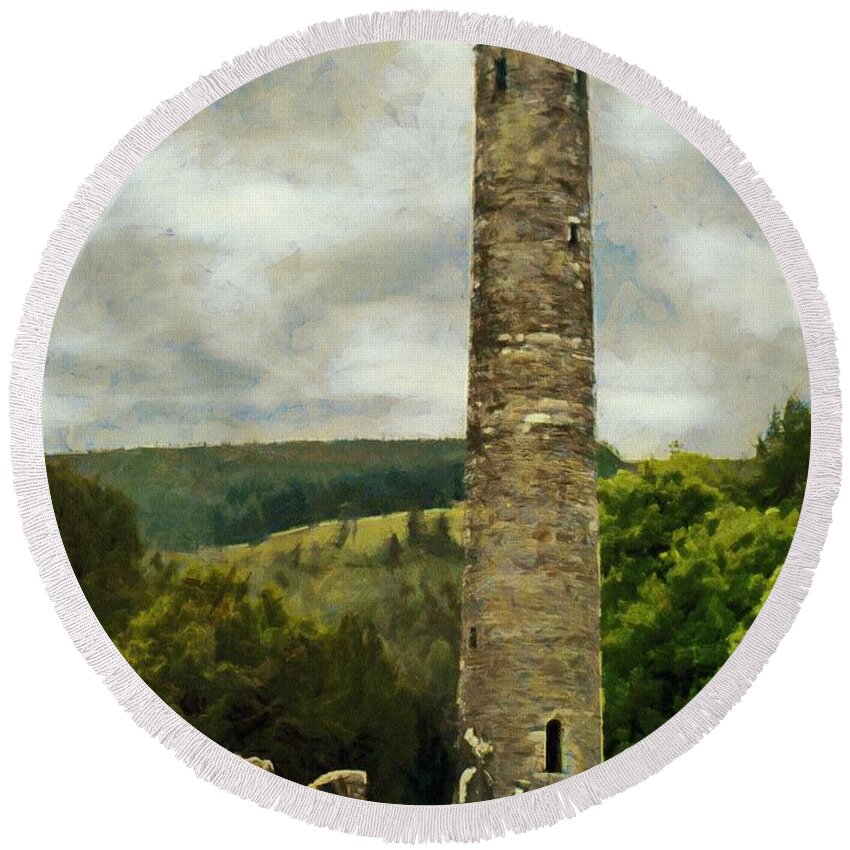 Glendalough Round Beach Towel featuring the painting Round Tower at Glendalough by Jeffrey Kolker