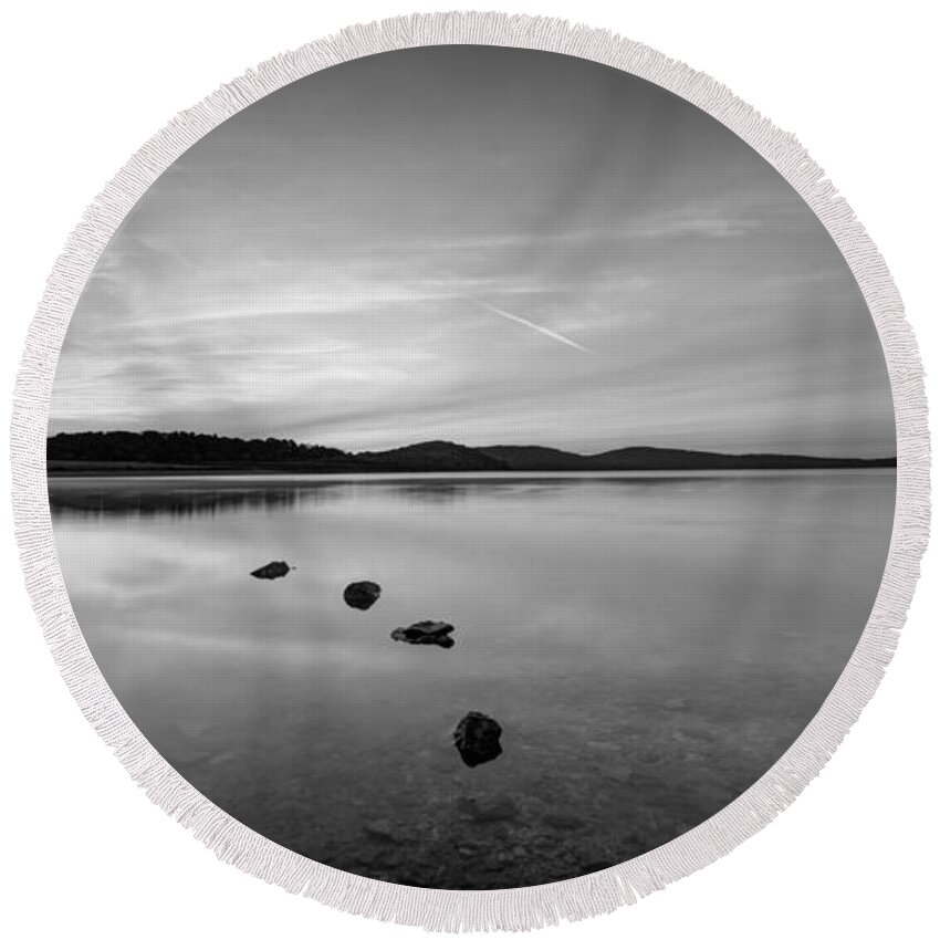 Round Valley At Dawn Round Beach Towel featuring the photograph Round Valley at Dawn bw by Michael Ver Sprill