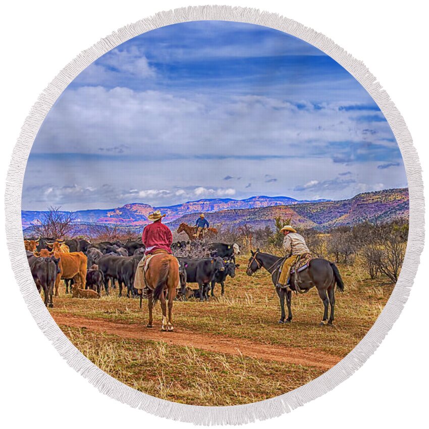 Cattle Roundup Round Beach Towel featuring the photograph Rounding Up Cattle In Cornville Arizona by Priscilla Burgers