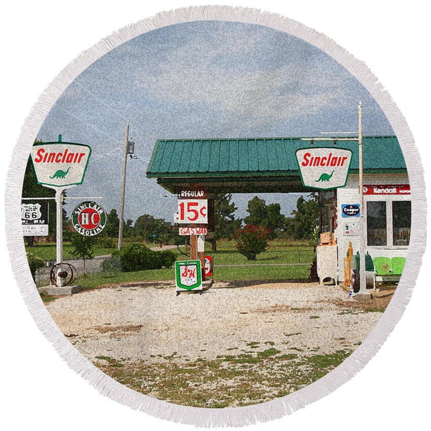 66 Round Beach Towel featuring the photograph Route 66 Gas Station with Sponge Painting Effect by Frank Romeo