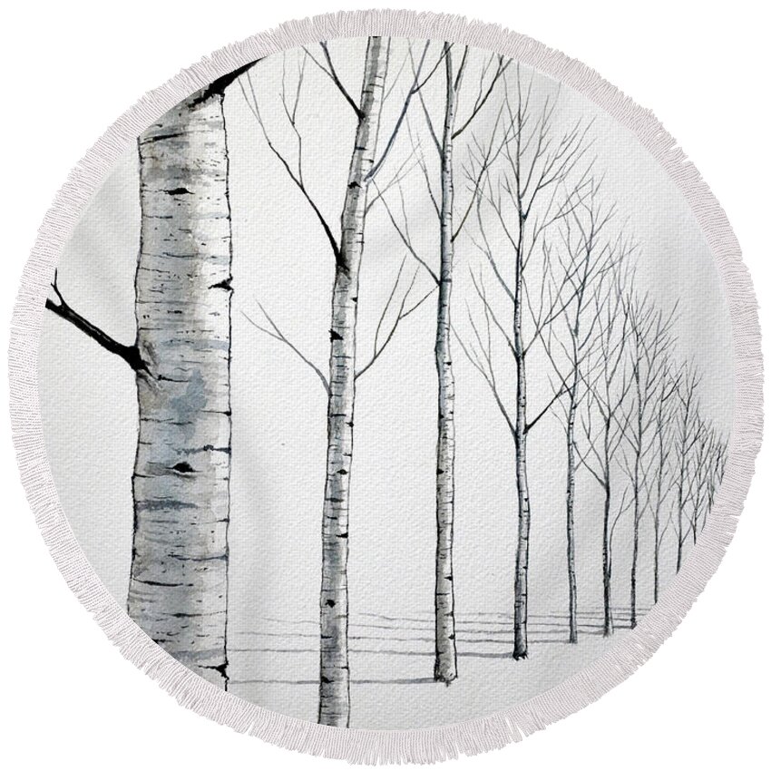Birch Tree Round Beach Towel featuring the painting Row of Birch Trees in the Snow by Christopher Shellhammer