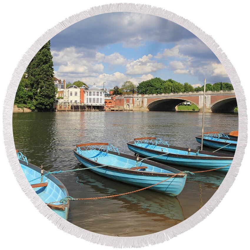 Boats At Hampton Court River Thames London Round Beach Towel featuring the photograph Rowing Boats at Hampton Court by Julia Gavin