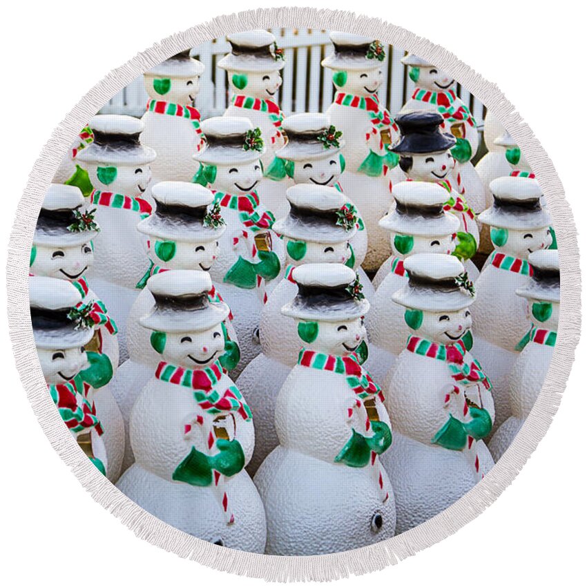 Rows Round Beach Towel featuring the photograph Rows of snowmen by Garry Gay