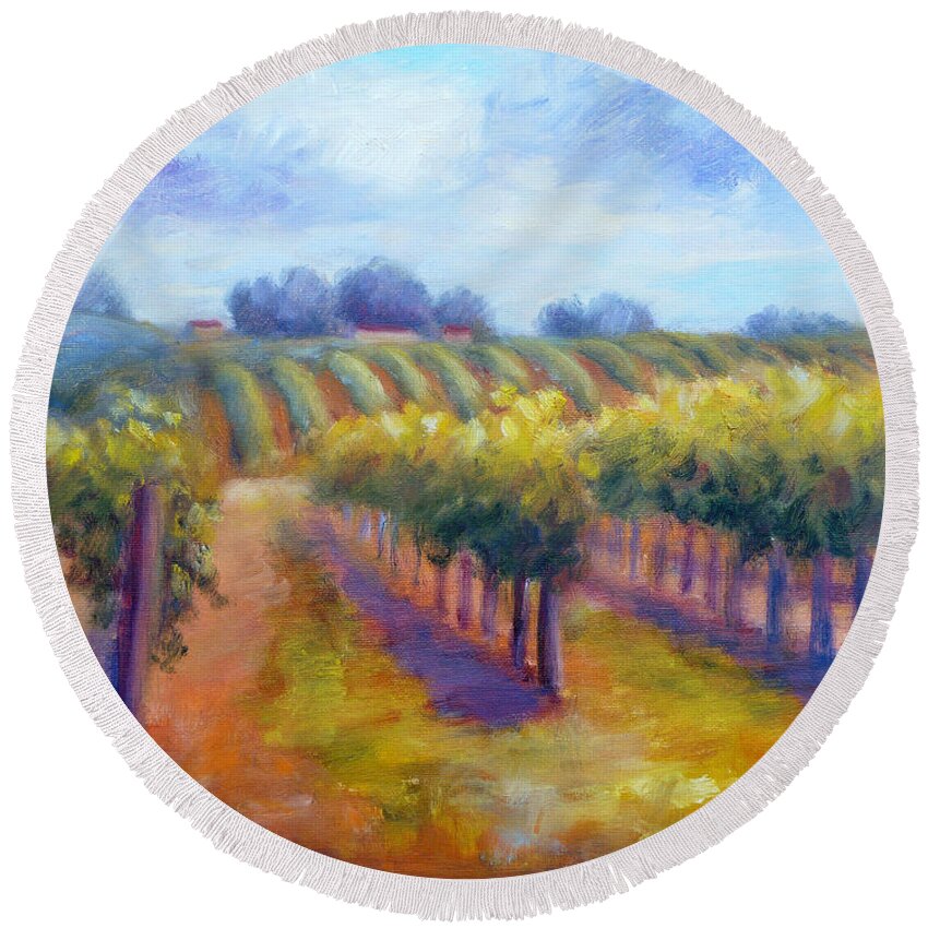 Rows Of Vines Round Beach Towel featuring the painting Rows of Vines by Carolyn Jarvis