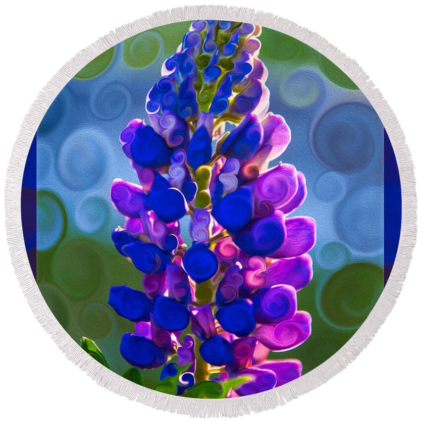 Royal Purple Round Beach Towel featuring the painting Royal Purple Lupine Flower Abstract Art by Omaste Witkowski