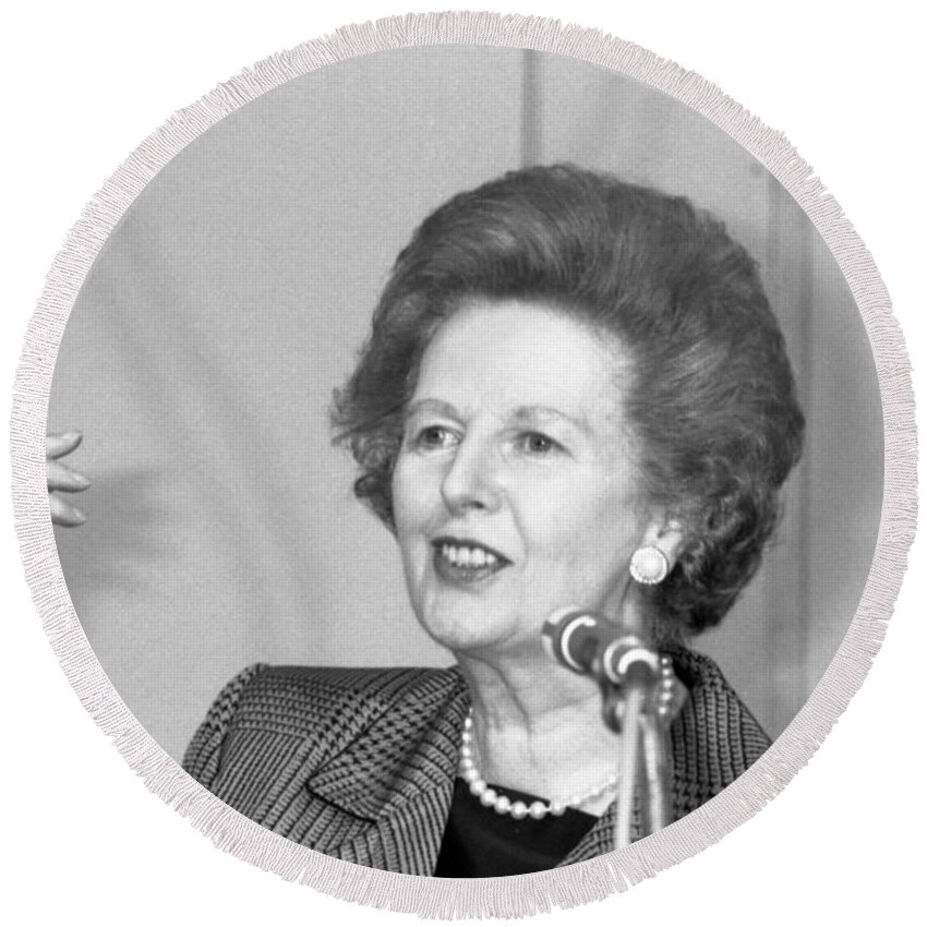 Margaret Round Beach Towel featuring the photograph Rt.Hon. Margaret Thatcher by David Fowler