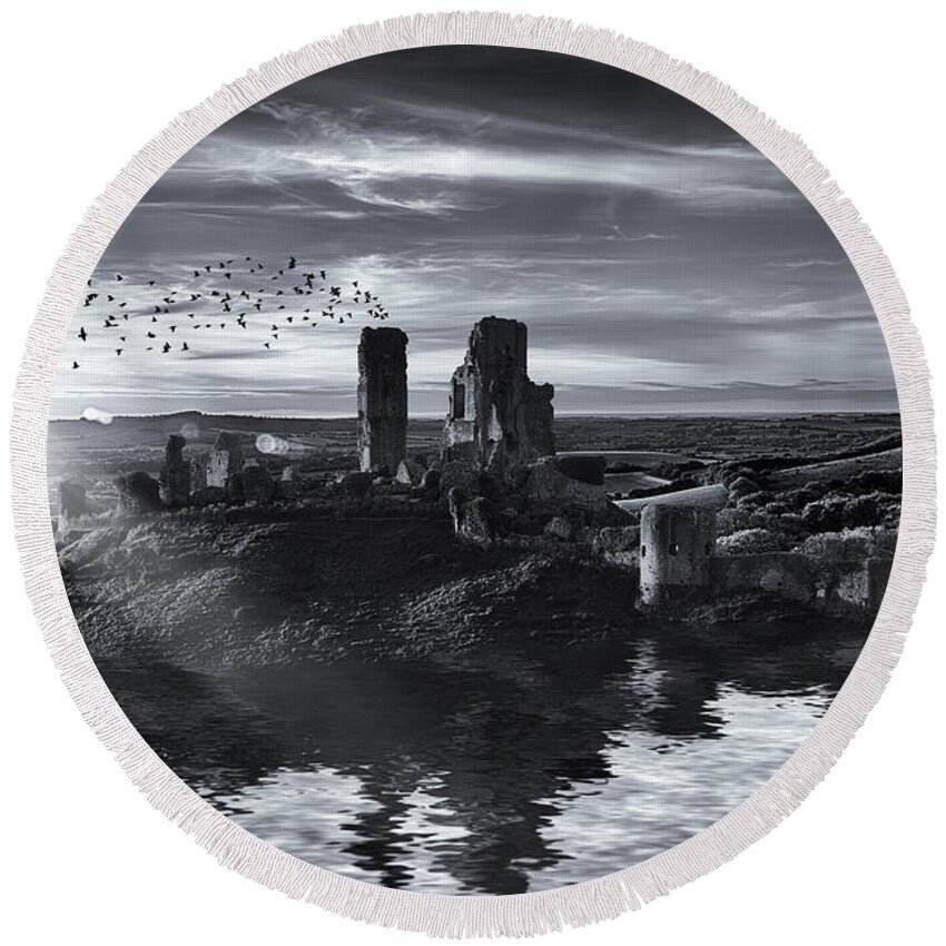 Landscape Round Beach Towel featuring the photograph Ruins on the water landscape by Simon Bratt