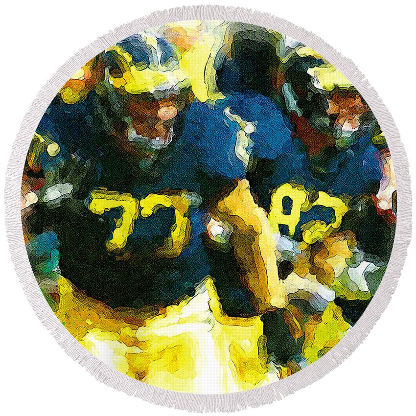 University Of Michigan Round Beach Towel featuring the painting Rumble by John Farr