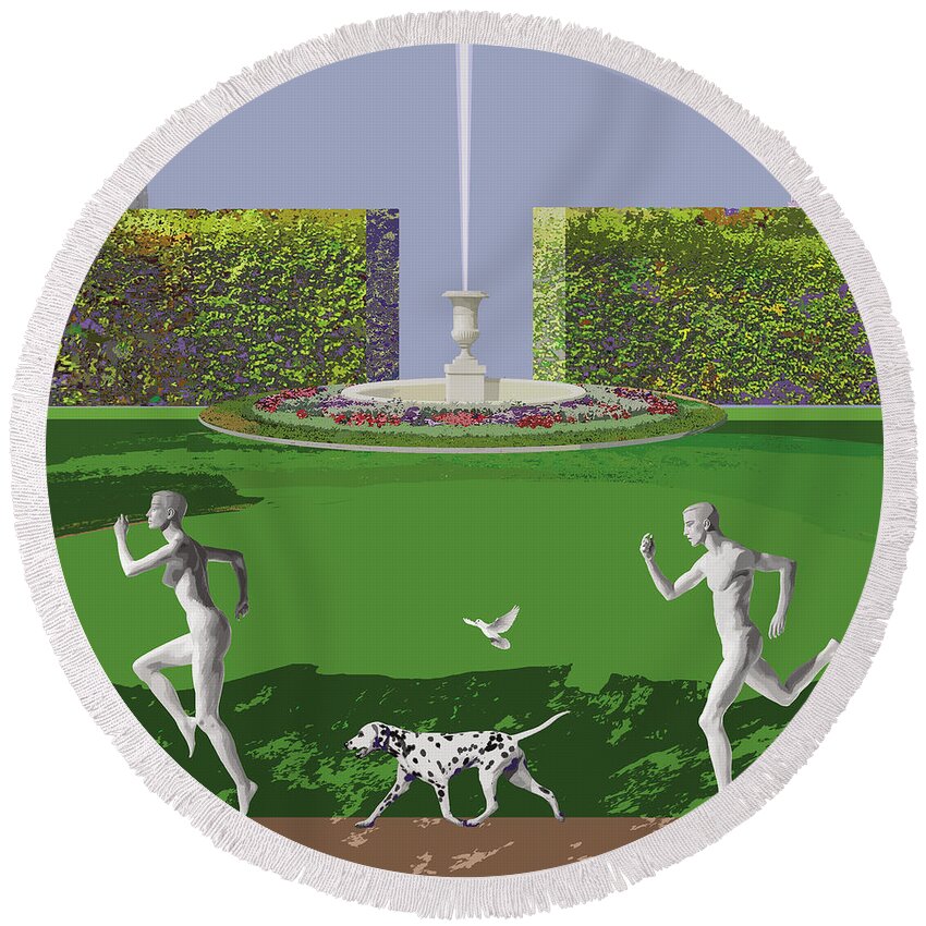 Landscape Round Beach Towel featuring the painting Runners from Eden by Victoria Fomina