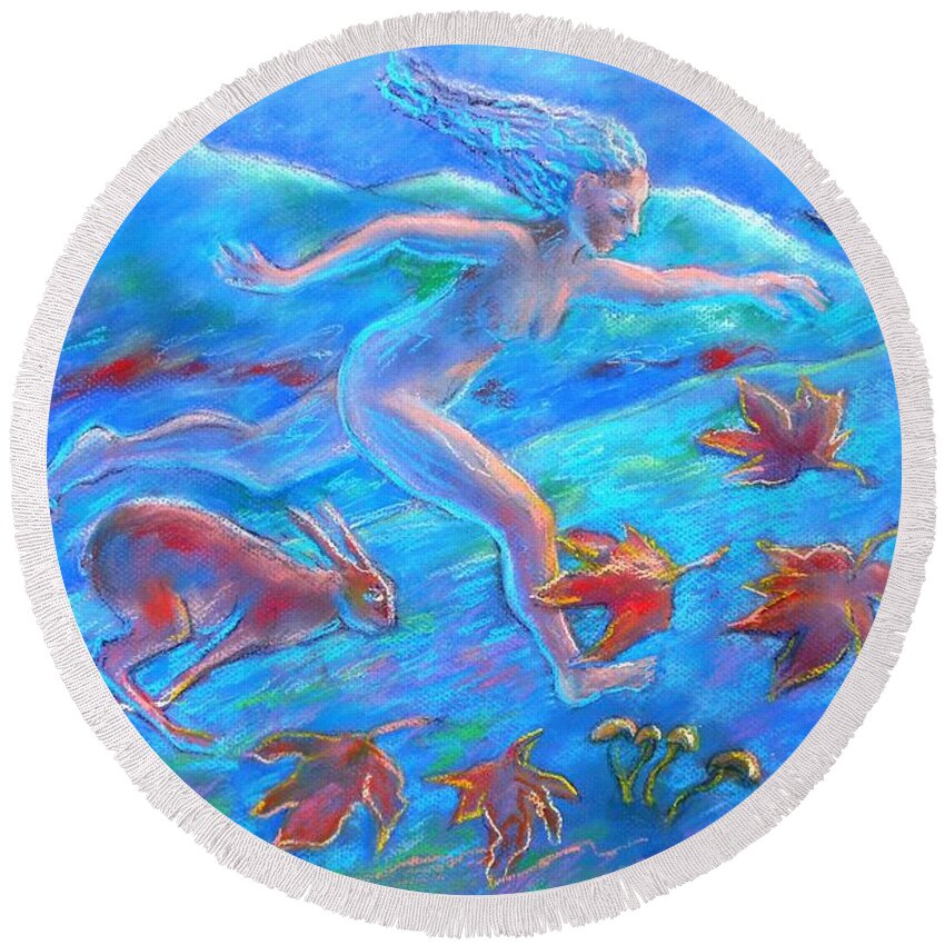  Running Round Beach Towel featuring the painting Running with the Hare by Trudi Doyle
