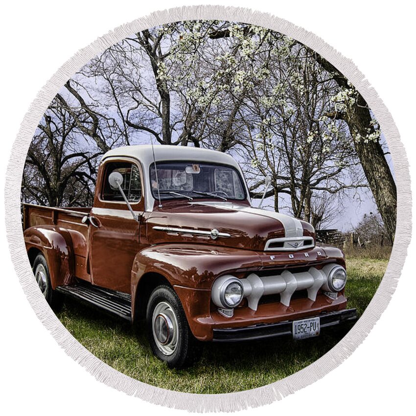 Antique Round Beach Towel featuring the photograph Rural 1952 Ford Pickup by Betty Denise
