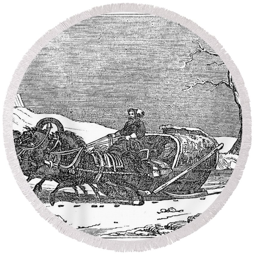 1836 Round Beach Towel featuring the painting Russia Sleighing, 1836 by Granger