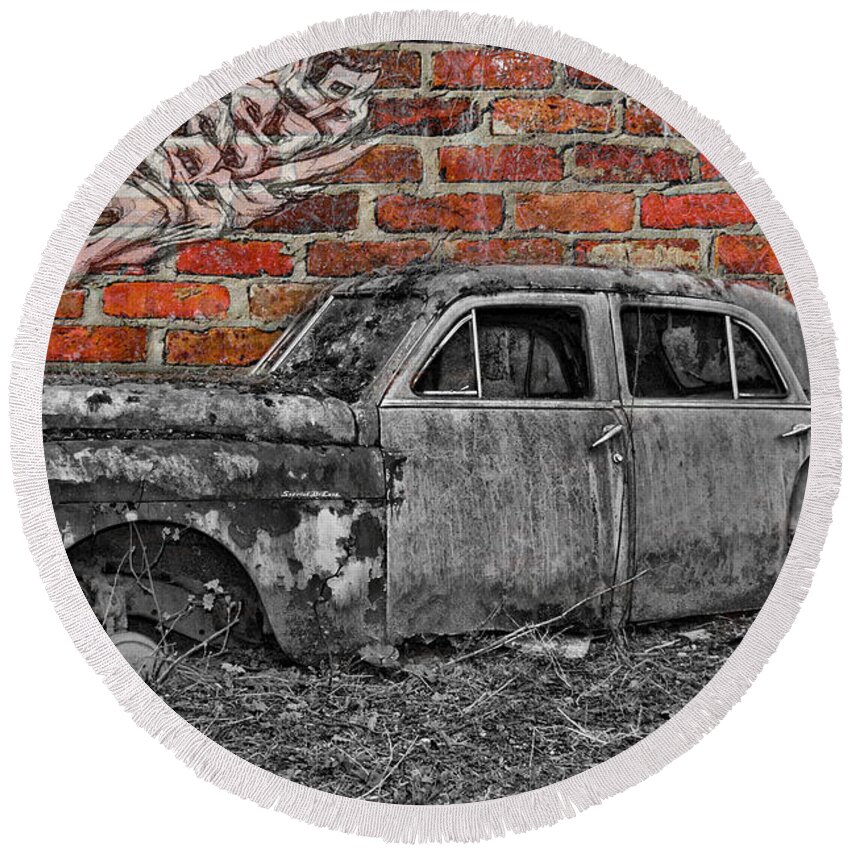 Cars Round Beach Towel featuring the photograph Rustic Chrysler CAOC409-07 by Randy Harris