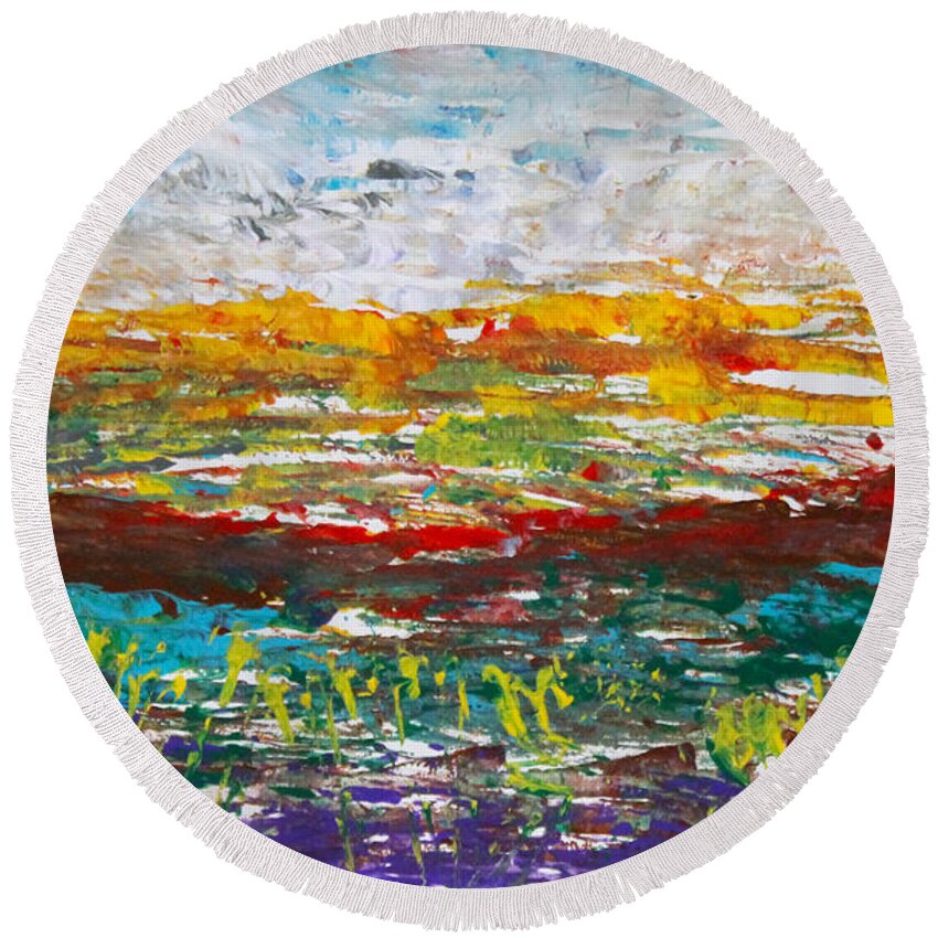 Abstract Round Beach Towel featuring the painting Rustic Landscape abstract by Anne Cameron Cutri