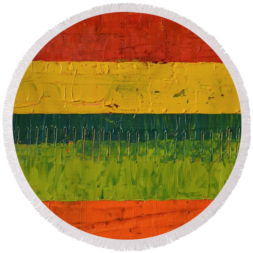 Stripes Round Beach Towel featuring the painting Rustic Roadside Series 2 - Mending Fences by Michelle Calkins