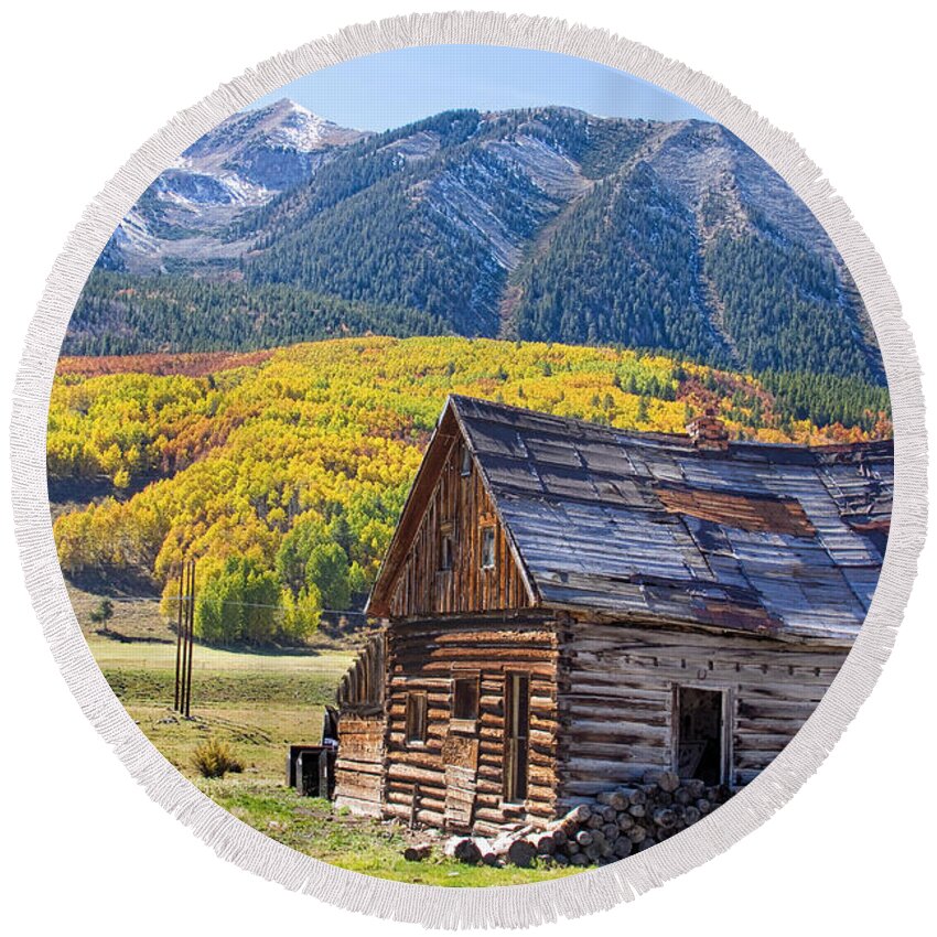 Aspens Round Beach Towel featuring the photograph Rustic Rural Colorado Cabin Autumn Landscape by James BO Insogna
