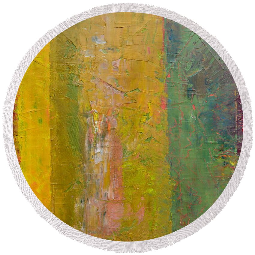 Abstract Round Beach Towel featuring the painting Rustic Stripes with Yellow by Michelle Calkins