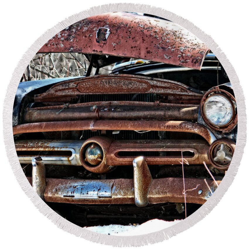 Rusty Old Car Round Beach Towel featuring the photograph Rusty Old Car by Ms Judi