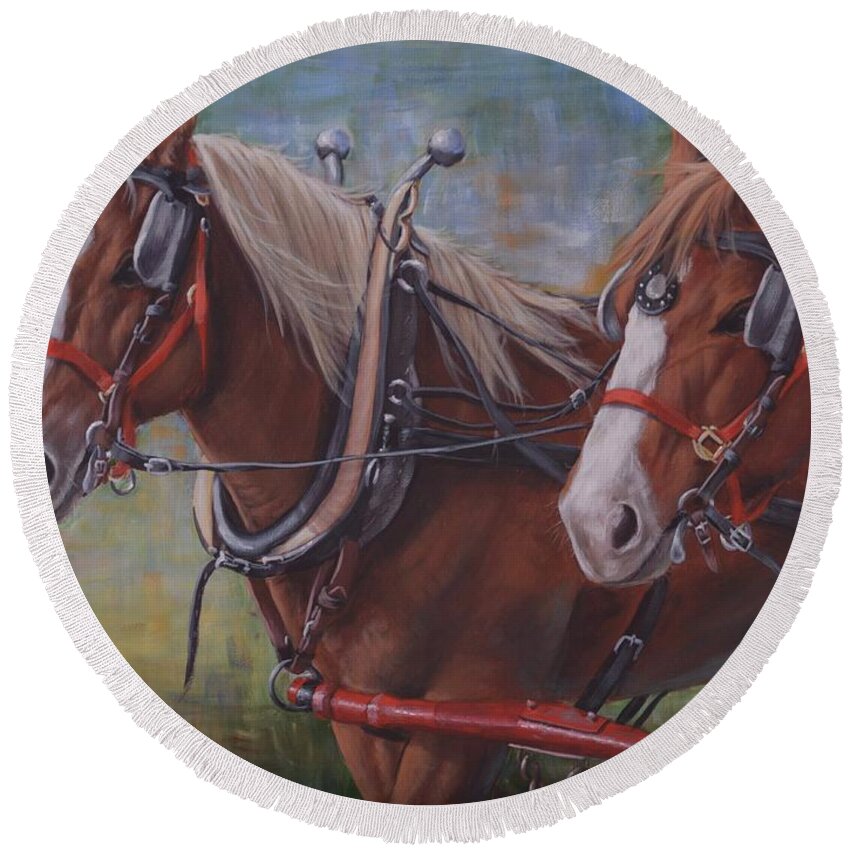 Horses Round Beach Towel featuring the painting Rye and Whiskey by Cindy Welsh