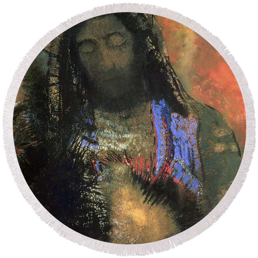 Sacred Heart Round Beach Towel featuring the painting Sacred Heart by Odilon Redon