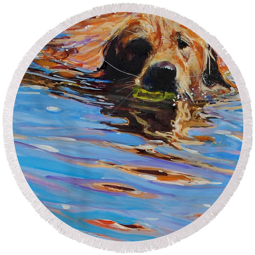 Golden Retriever Round Beach Towel featuring the painting Sadie Has A Ball by Molly Poole