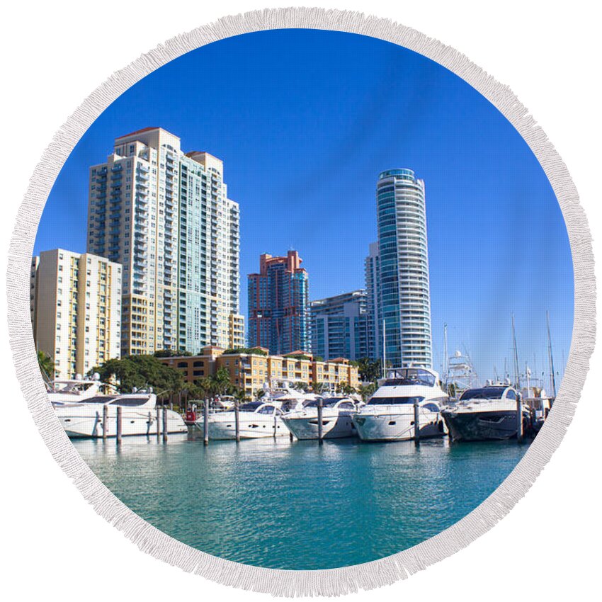Yachts Round Beach Towel featuring the photograph Miami Beach Marina Series 28 by Carlos Diaz