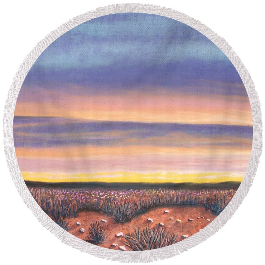 Sagebrush Round Beach Towel featuring the pastel Sagebrush Sunset A by Michael Heikkinen