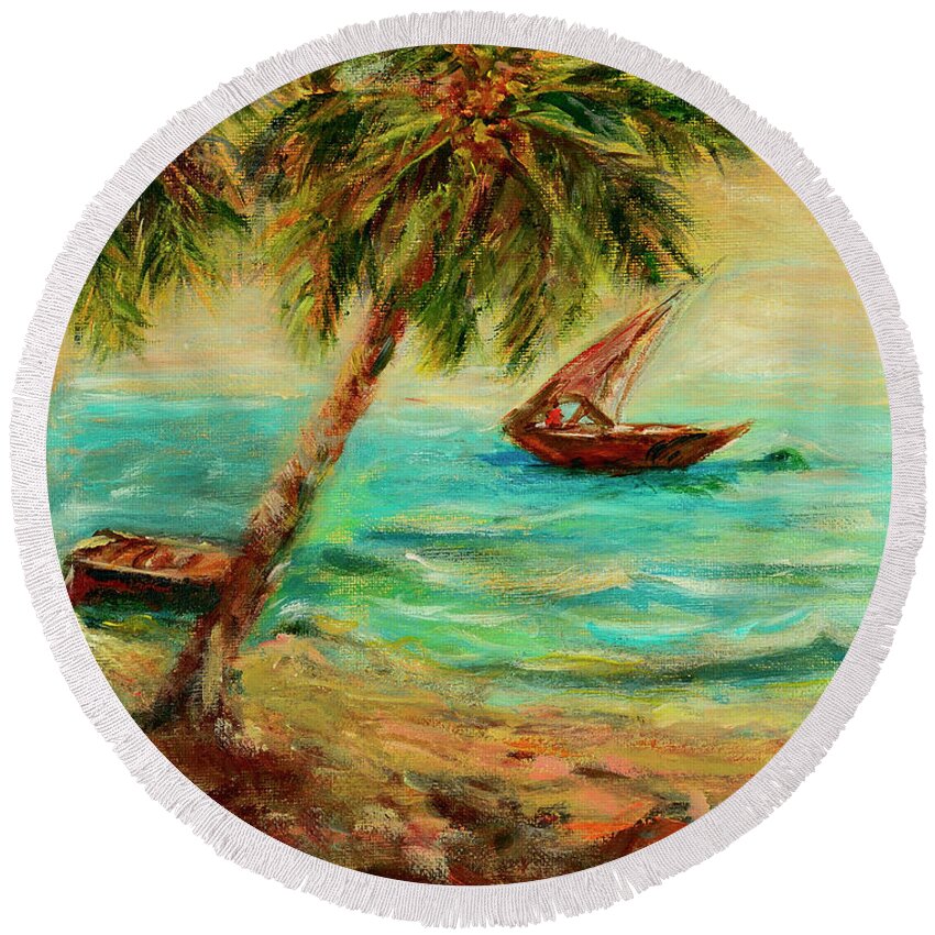 Indian Ocean Round Beach Towel featuring the painting Sail boats on Indian Ocean by Sher Nasser