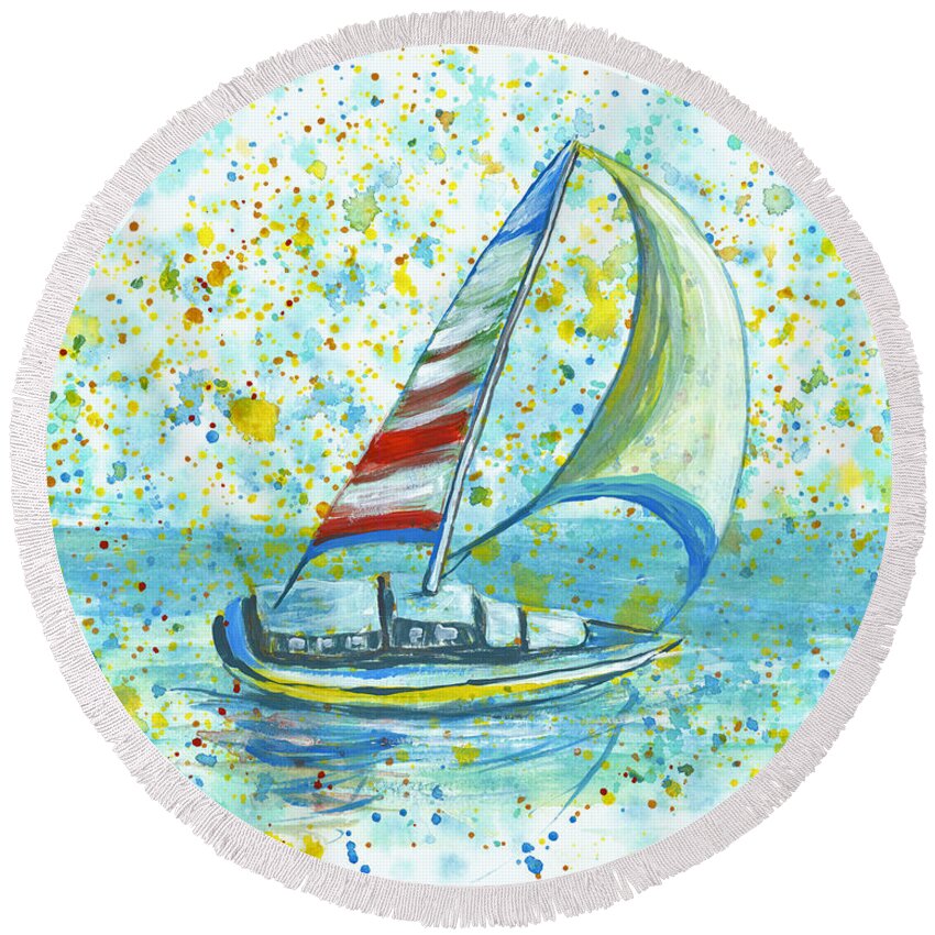Seascape Round Beach Towel featuring the painting Sail On Maui by Darice Machel McGuire