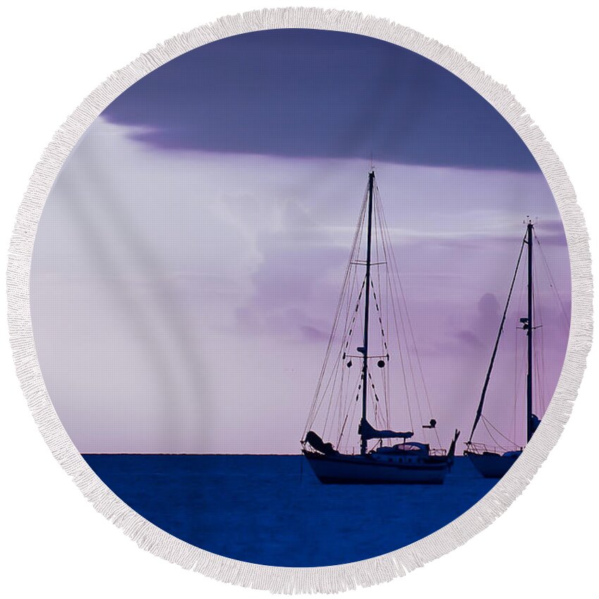 Sailboats Round Beach Towel featuring the photograph Sailboats at Sunset by Don Schwartz