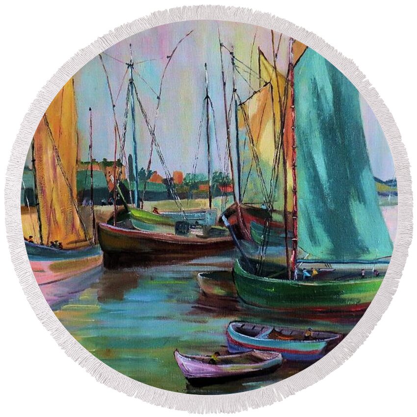 Sailboats Round Beach Towel featuring the painting Sailboats by Mary Krupa by Bernadette Krupa