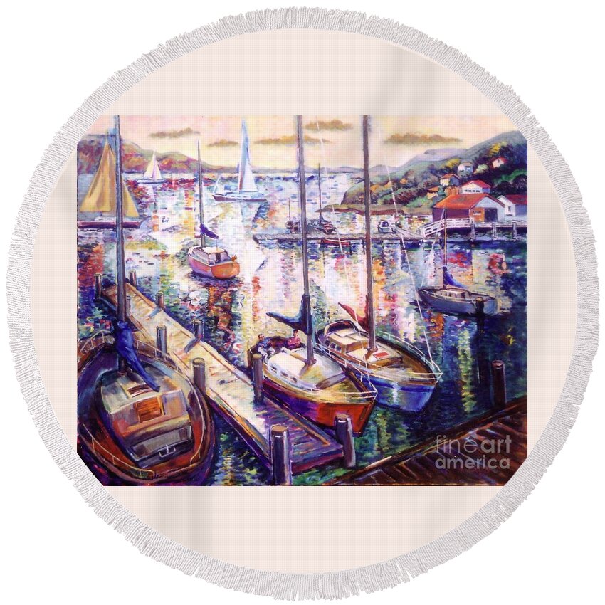 Sailboats Round Beach Towel featuring the painting Sailboats by Stan Esson
