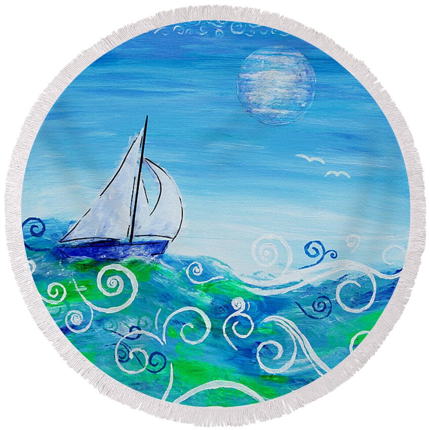 Sailing Round Beach Towel featuring the painting Sailing by Jan Marvin by Jan Marvin