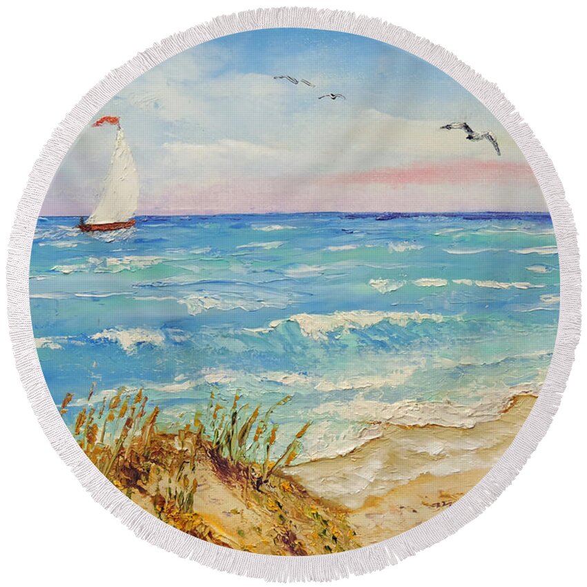 Sailboat Round Beach Towel featuring the painting Sailing by the Beach by Jimmie Bartlett