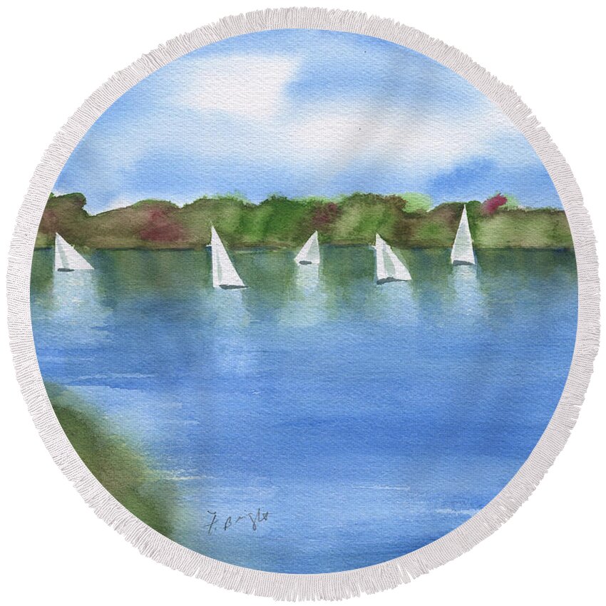 Sailing Lake Mayer Round Beach Towel featuring the painting Sailing Lake Mayer by Frank Bright