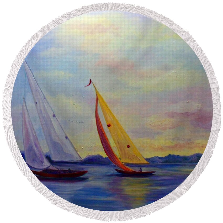 Sailing Round Beach Towel featuring the painting Sailing the Lake by Julie Brugh Riffey