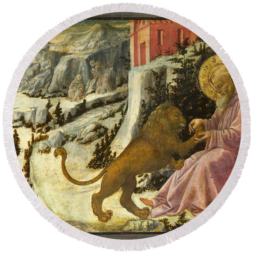 Fra Filippo Lippi And Workshop Round Beach Towel featuring the painting Saint Jerome and the Lion - Predella Panel by Fra Filippo Lippi and Workshop