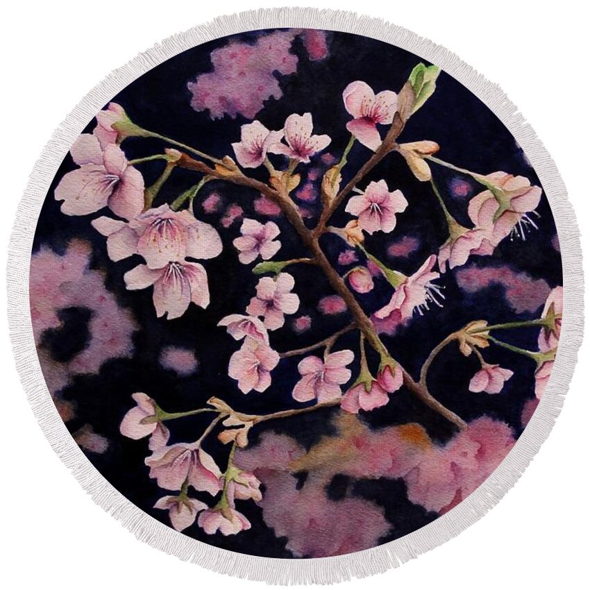Cherry Blossom Round Beach Towel featuring the painting Sakura in Blue by Kelly Miyuki Kimura