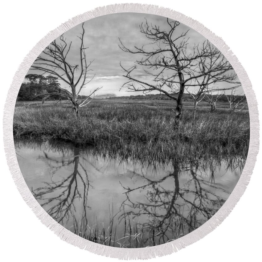 Clouds Round Beach Towel featuring the photograph Salty Marsh at Jekyll Island in Black and White by Debra and Dave Vanderlaan