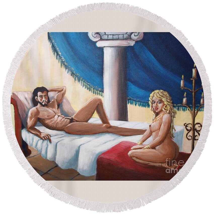 Samson Round Beach Towel featuring the painting Samson and Delilah by Jean Pierre Bergoeing