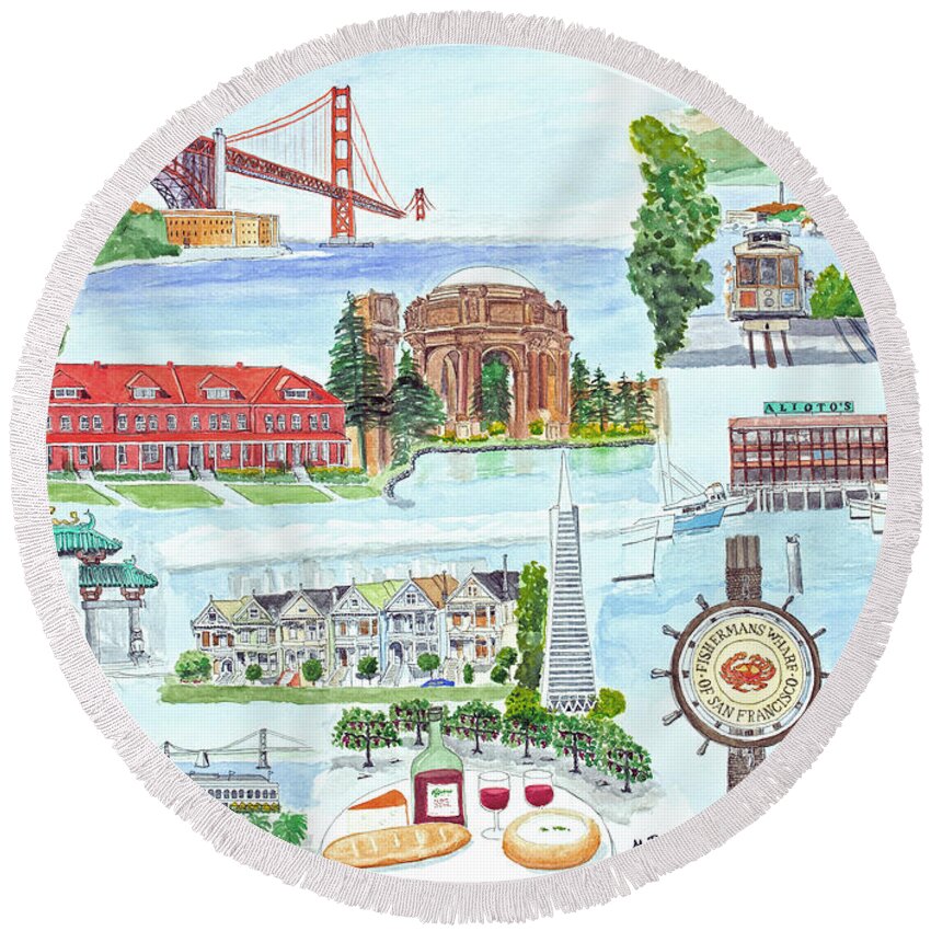 San Francisco Round Beach Towel featuring the painting San Francisco Highlights Montage by Mike Robles