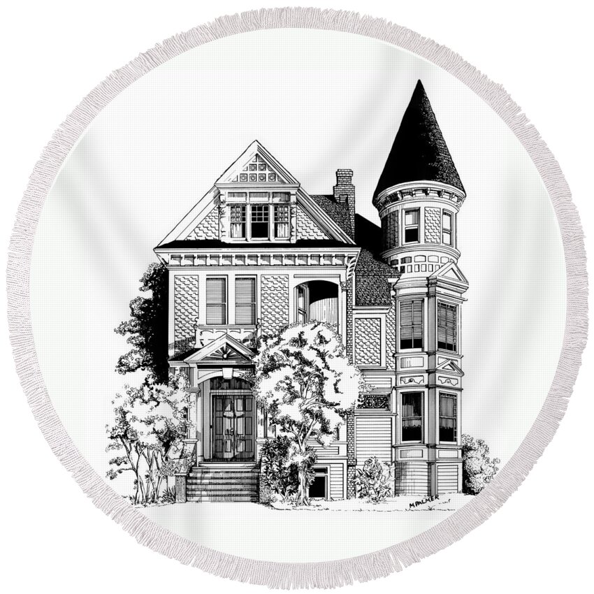 Pen And Ink Round Beach Towel featuring the drawing San Francisco Victorian by Mary Palmer