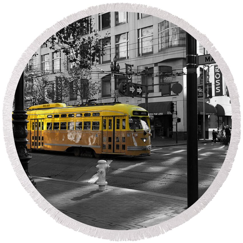 San Francisco Round Beach Towel featuring the photograph San Francisco Vintage Streetcar on Market Street - 5D19798 - Black and White and Yellow by Wingsdomain Art and Photography