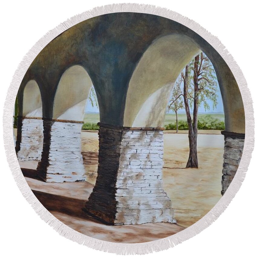 California Landmark Round Beach Towel featuring the painting San Juan Bautista Mission by Mary Rogers