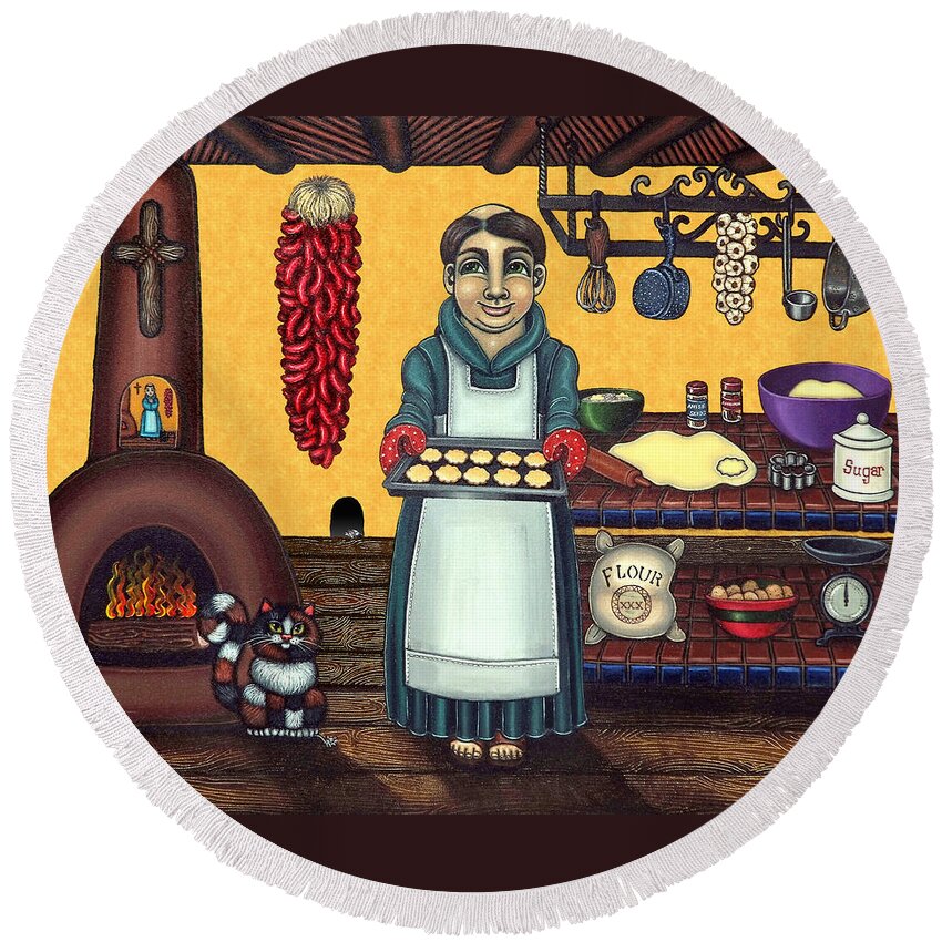 Folk Art Round Beach Towel featuring the painting San Pascual Making Biscochitos by Victoria De Almeida