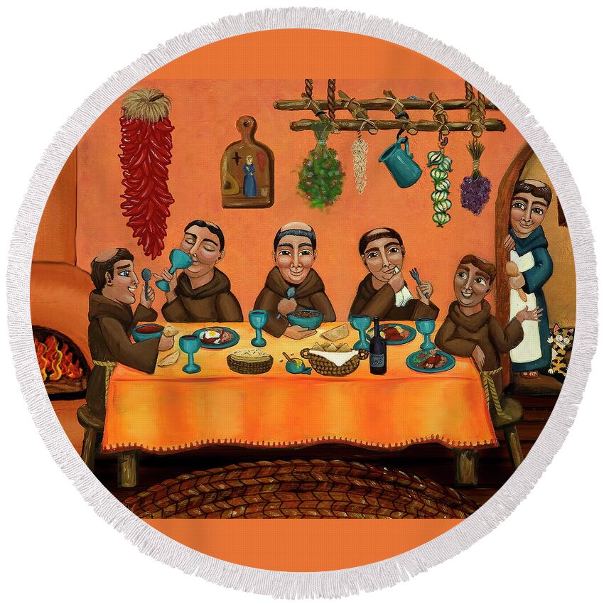 Hispanic Art Round Beach Towel featuring the painting San Pascuals Table by Victoria De Almeida