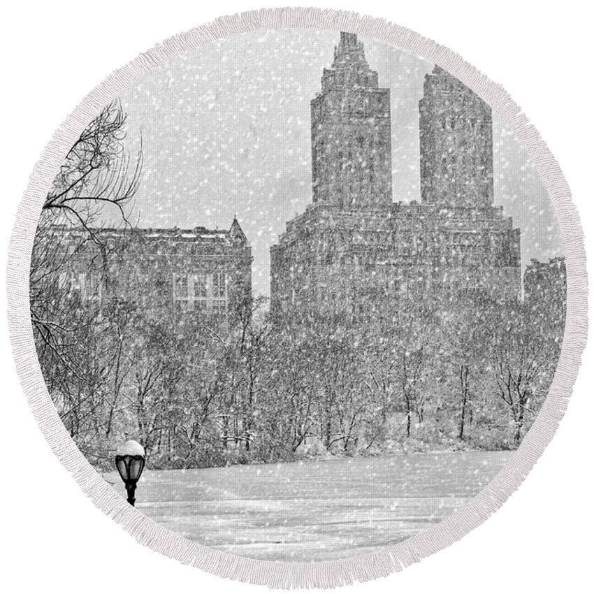 Central Park Round Beach Towel featuring the photograph San Remo Towers Snow by Susan Candelario
