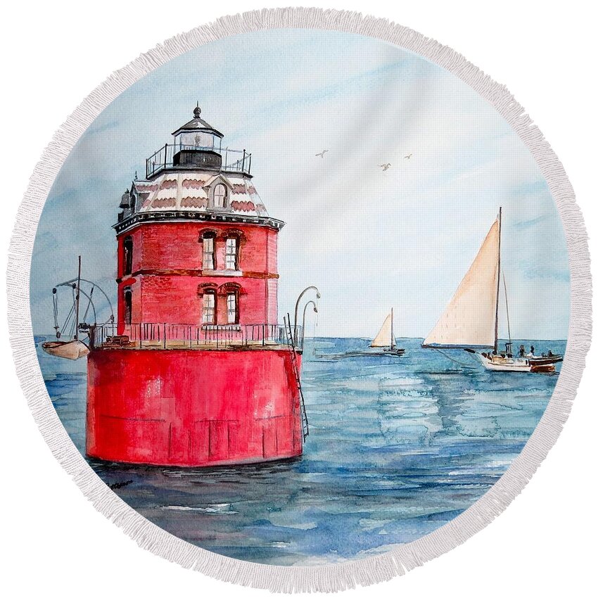 Sandy Point Lighthouse Round Beach Towel featuring the painting Sandy Point Lighthouse 2 by Nancy Patterson